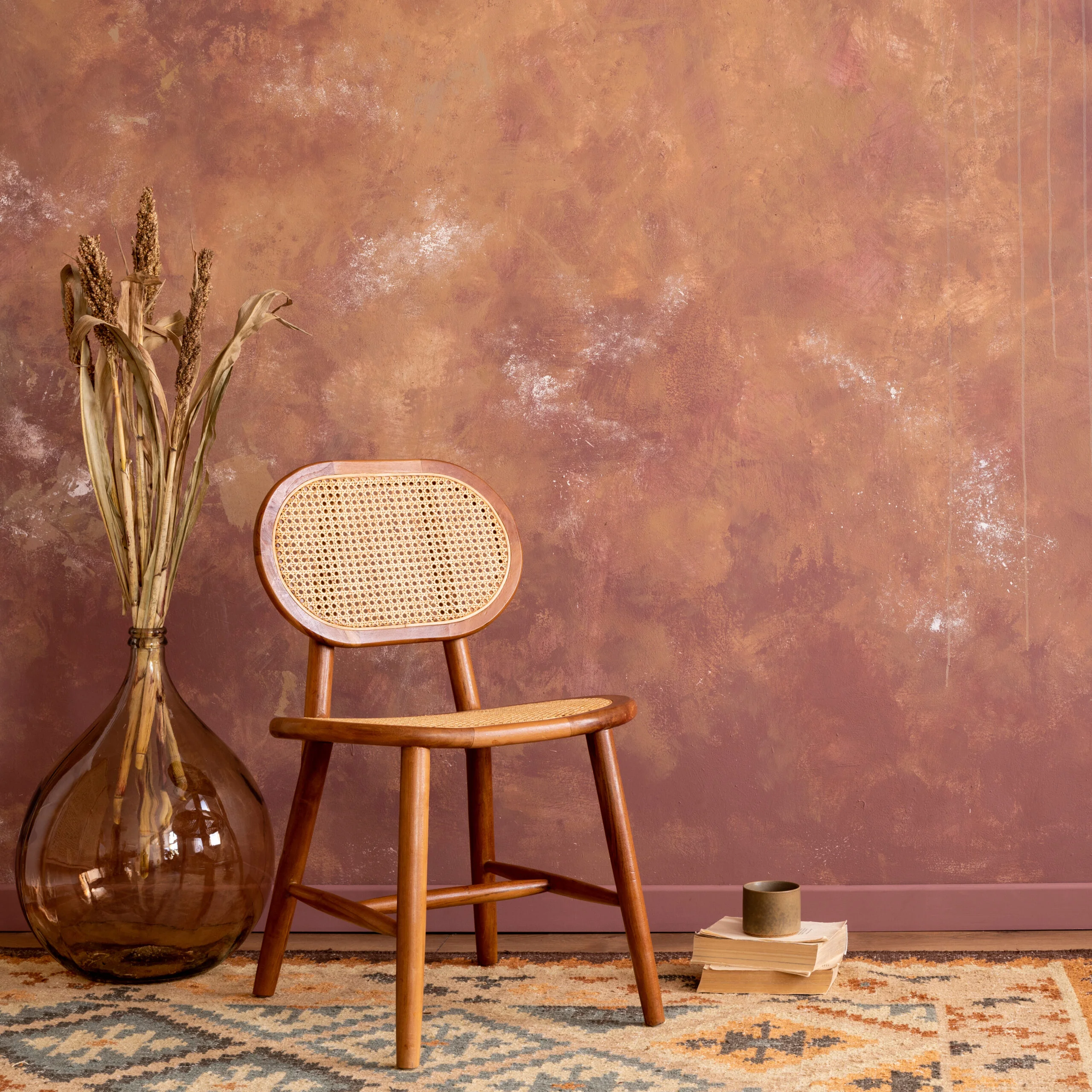 Boho vintage dining room interior with copy space,  rattan chair, vase with drierd flowers. and personal accessories. Brown wall. Home decor. Template.
