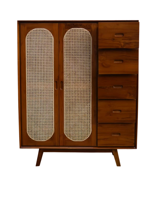 Lemari Retro 2 Pintu Kombinasi Rotan Alami Kayu Jati Perhutani