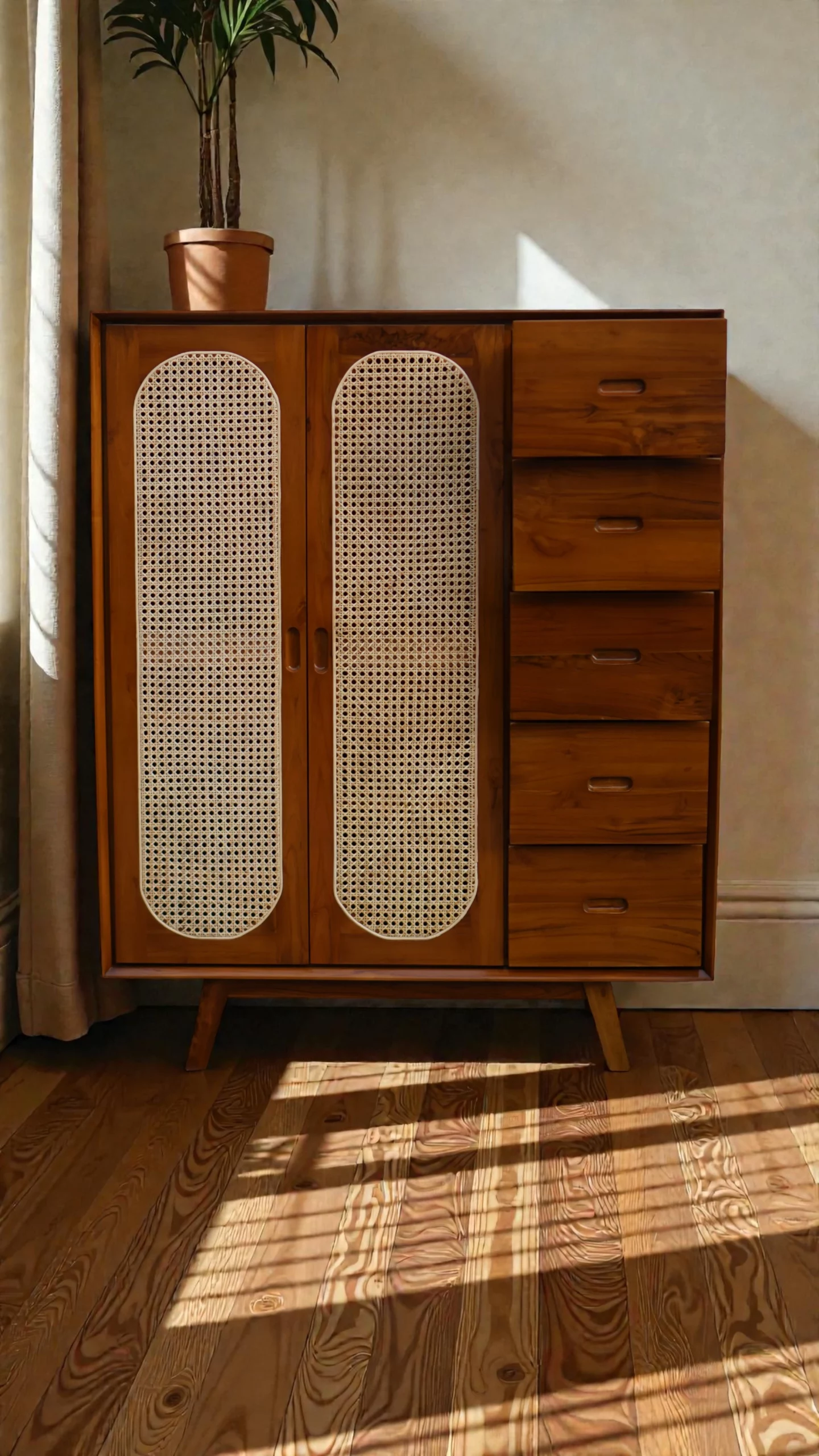 Lemari Retro 2 Pintu Kombinasi Rotan Alami Kayu Jati Perhutani - Image 2