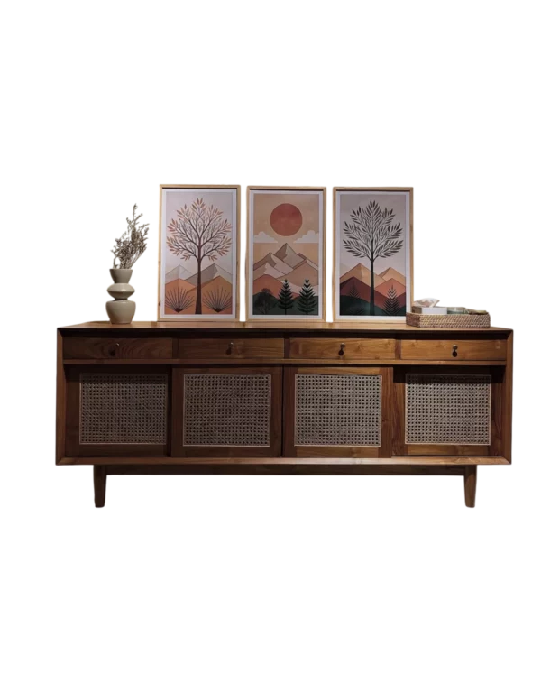 Bufet Hias Minimalis aksen rotan kayu jati perhutani