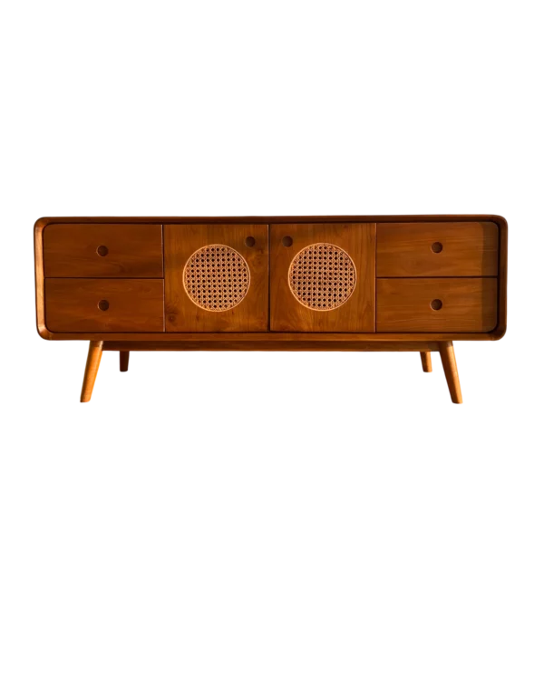 Bufet TV Minimalis aksen rotan kayu jati perhutani