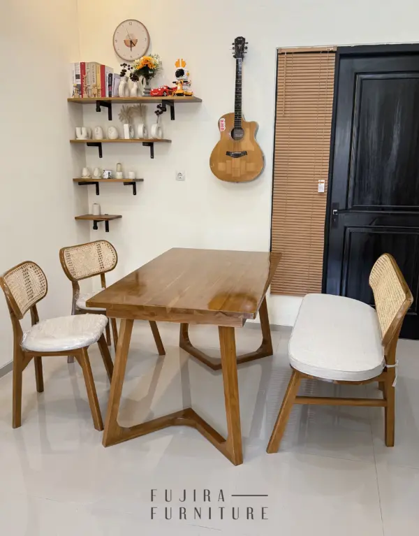 Set Meja Makan Kursi Kacang + Meja Kaki V 140 cm Premium