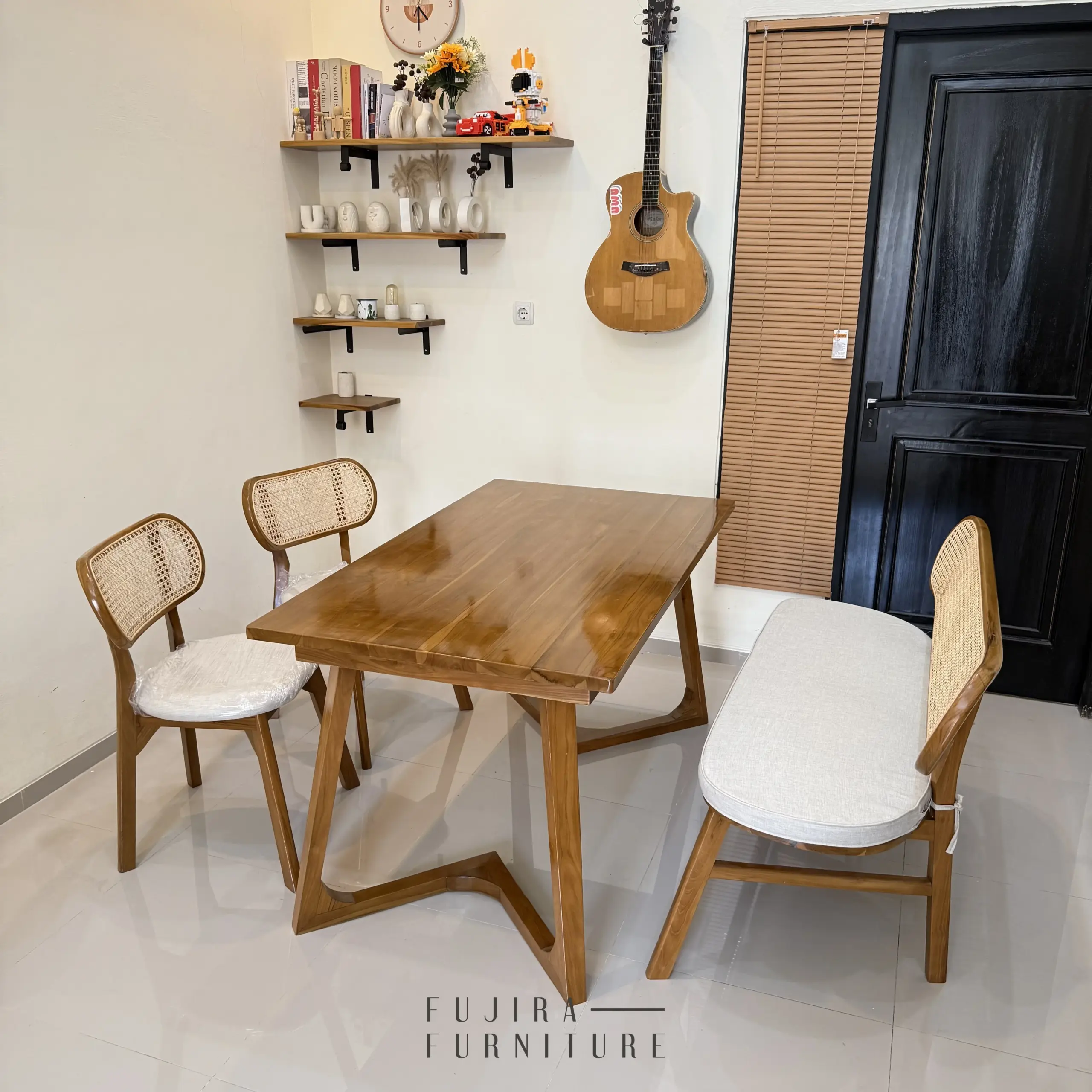 Set Meja Makan Kursi Kacang + Meja Kaki V 140 cm Premium - Image 3